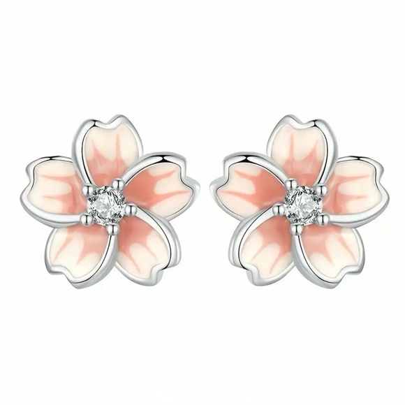 Sterling Silver Pink Flower Earrings - Picture 4 of 6
